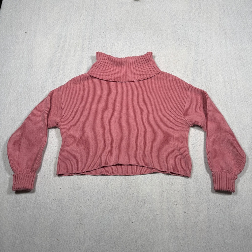 Wild Fable Pink Ribbed Turtleneck Cropped Sweater Small Balloon Sleeve Pullover